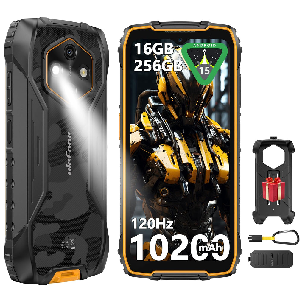 Ulefone RugKing 4 Pro Android 15 Rugged Phone, 16GB+256GB 10200mAh Battery 6.56" 120Hz Display Tough Smarthone, 48MP Main Camera, Built-in Glare Flashlight, NFC/ 4G Dual SIM/Widevine L1 - Orange