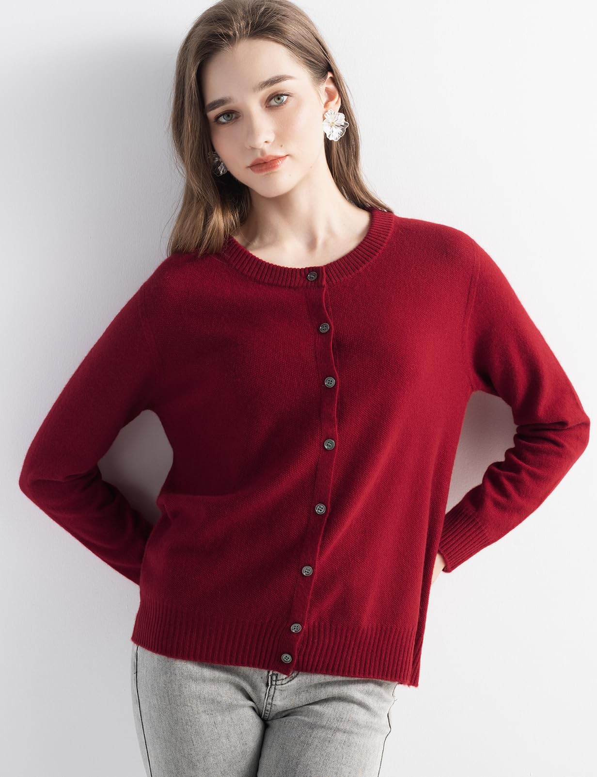 Chanyarn Women's 100% Pure Cashmere Cardigan Crew Neck Long Sleeve 2025 Fall Winter Warm Soft Knit Cardigan Sweater (Wine Red26107,M)