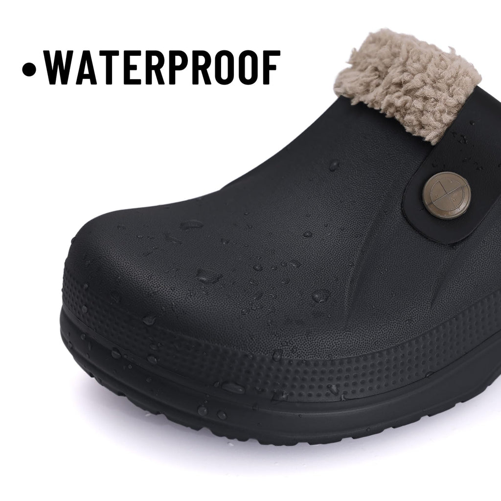 Beslip Classic Fur Lined Clogs Waterproof Winter Fuzzy Slippers for Women Men Indoor and Outdoor Indoor and Outdoor, Black and Khaki Women Size 6-7