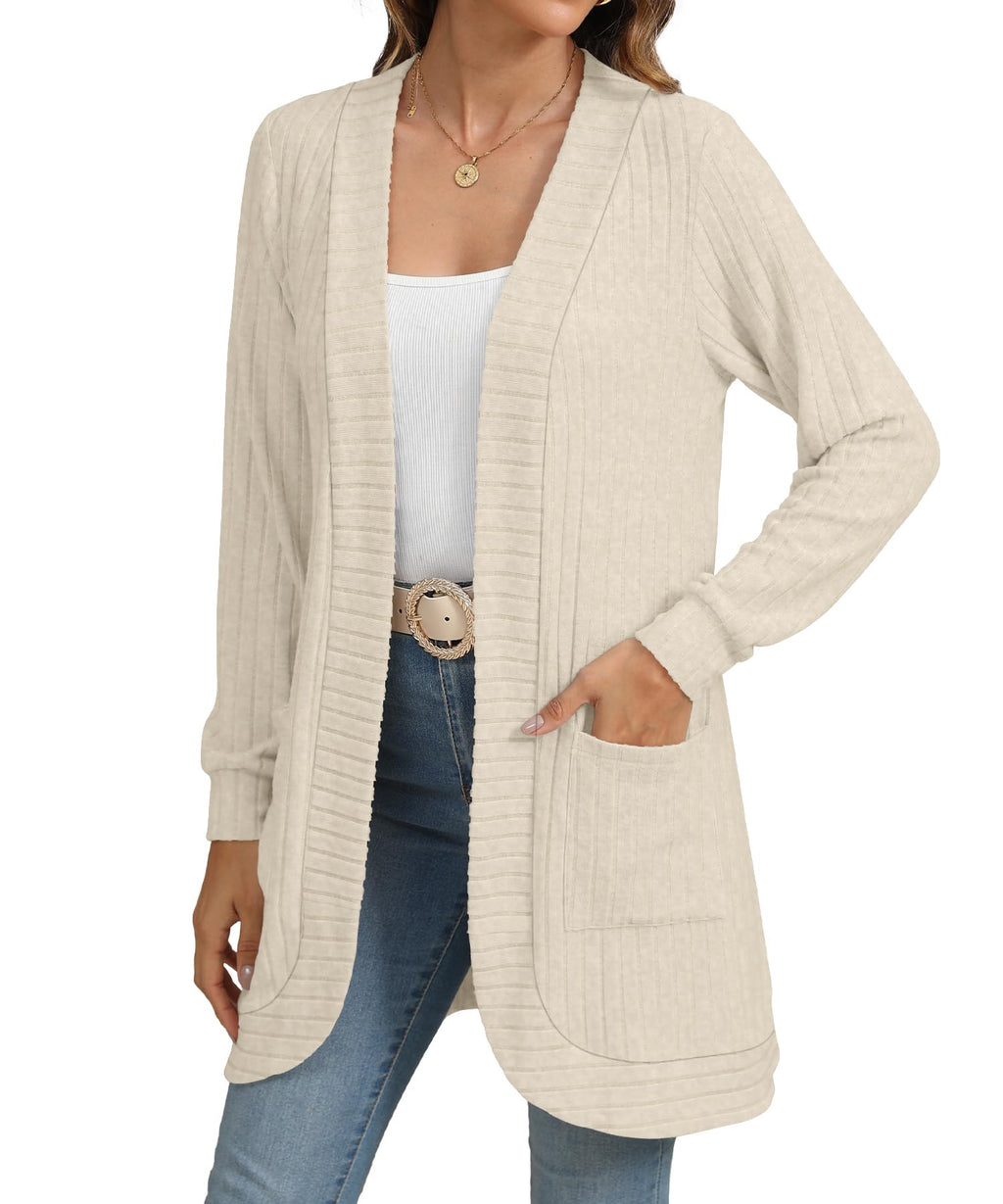 YSYOKOW Women Long Sleeve Open Front Cardigan Casual Lightweight Long Cardigans Loose Knit Outwear with Pockets(Beige, X-Large)