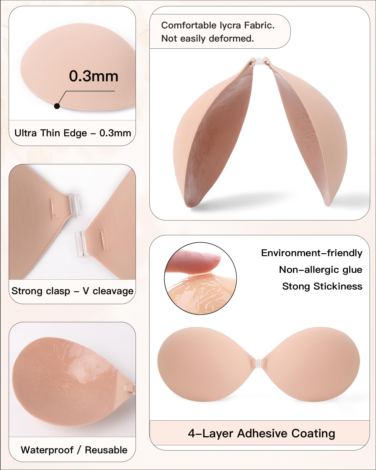 MITALOO Seamless Adhesive Bra Sticky Strapless Invisible Push up Bras Silicone Backless Nipple Cover for Women Beige Black