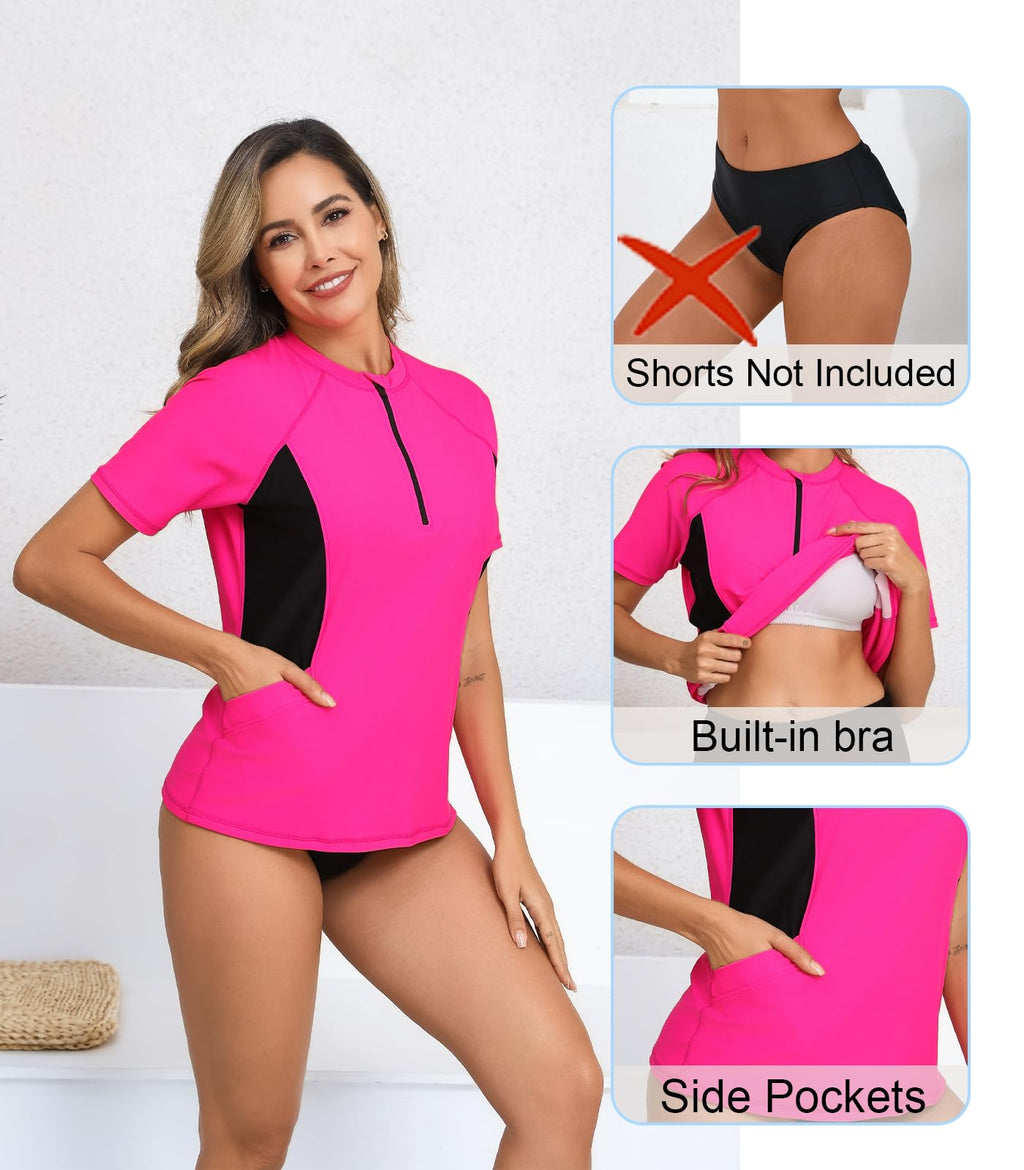 Halcurt Women's Half Zip Short Sleeve Rash Guard Top with Bra Side Pockets Swim Shirts UPF50+ Swimsuit Hot Pink Black S