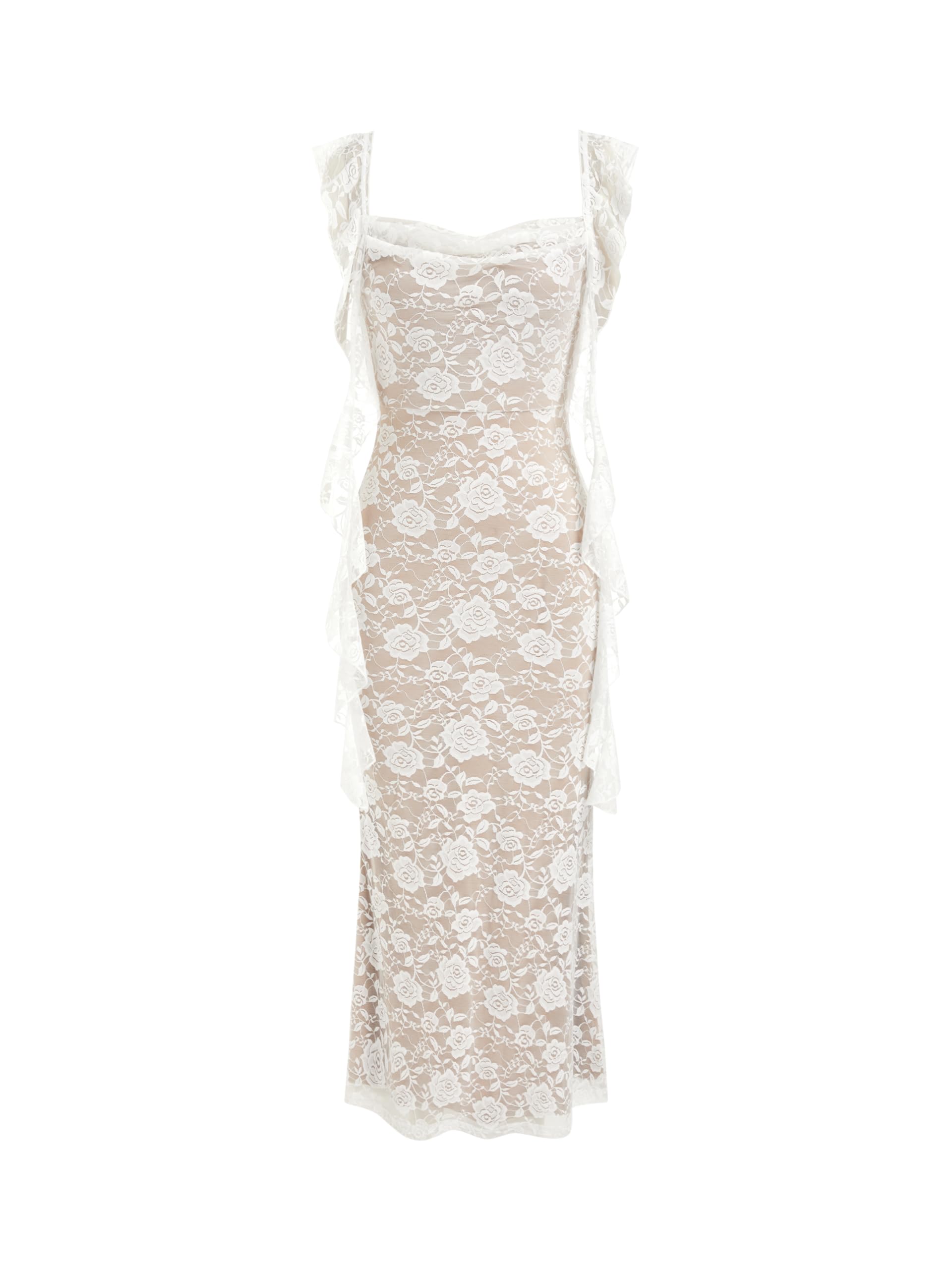 CIDER Formal Dresses for Women Wedding Guest Dresses Floral Maxi Dress Sleeveless Lace Ruffle Cocktail Bodycon Dress: Ivory, L