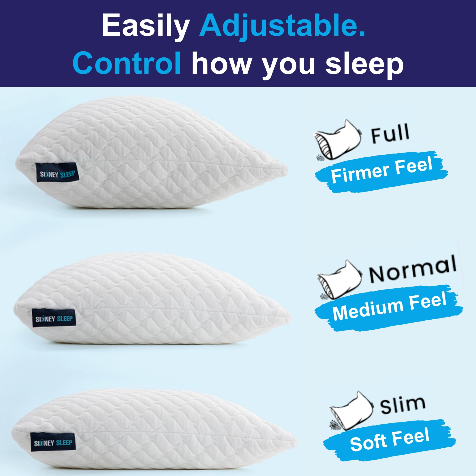 Sidney Sleep Adjustable Curved Pillows for Neck and Shoulder Support with Extra Shredded Fill - Cervical Contour Pillow for Side and Back Sleepers - Queen Size 19" x 29" CertiPUR-US Certified (White)