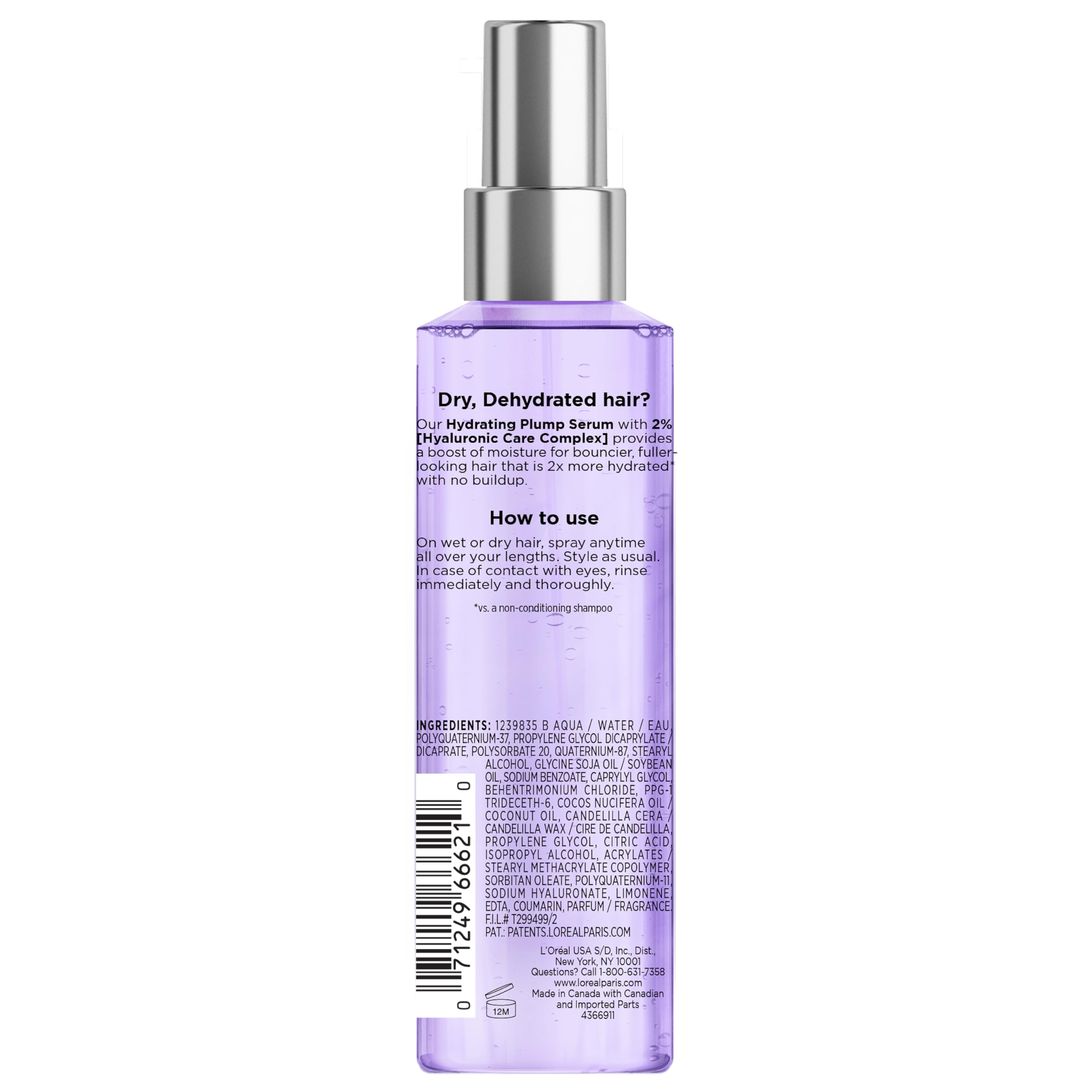 L'Oreal Paris Elvive Hyaluron Plump Moisture Plump Hair Serum for Dehydrated, Dry Hair with Hyaluronic Acid Care Complex, Paraben-Free, 4.4 Fl Oz