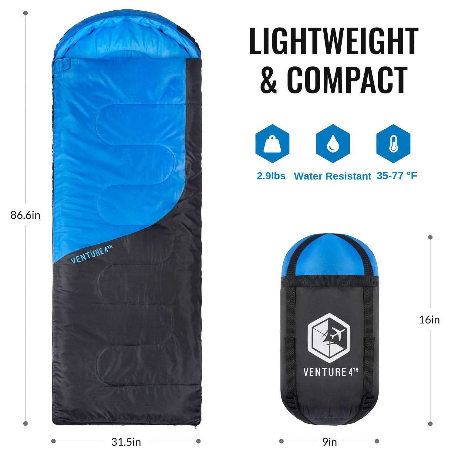 VENTURE 4TH Summer Sleeping Bag, Single, Regular Size - Lightweight, Comfortable, Water Resistant Backpacking Sleeping Bag for Adults & Kids - Ideal for Hiking, Camping & Outdoor – Blue/Gray