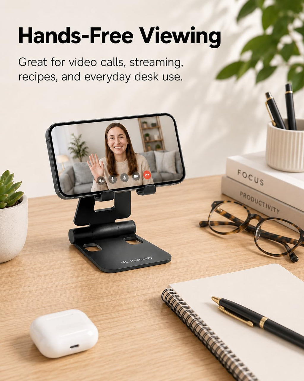 NC Recovery Adjustable Foldable Phone Stand for Desk, Portable Cell Phone Holder with Cable-Friendly Open Base, Compatible with iPhone, Samsung Galaxy and Android Smartphones