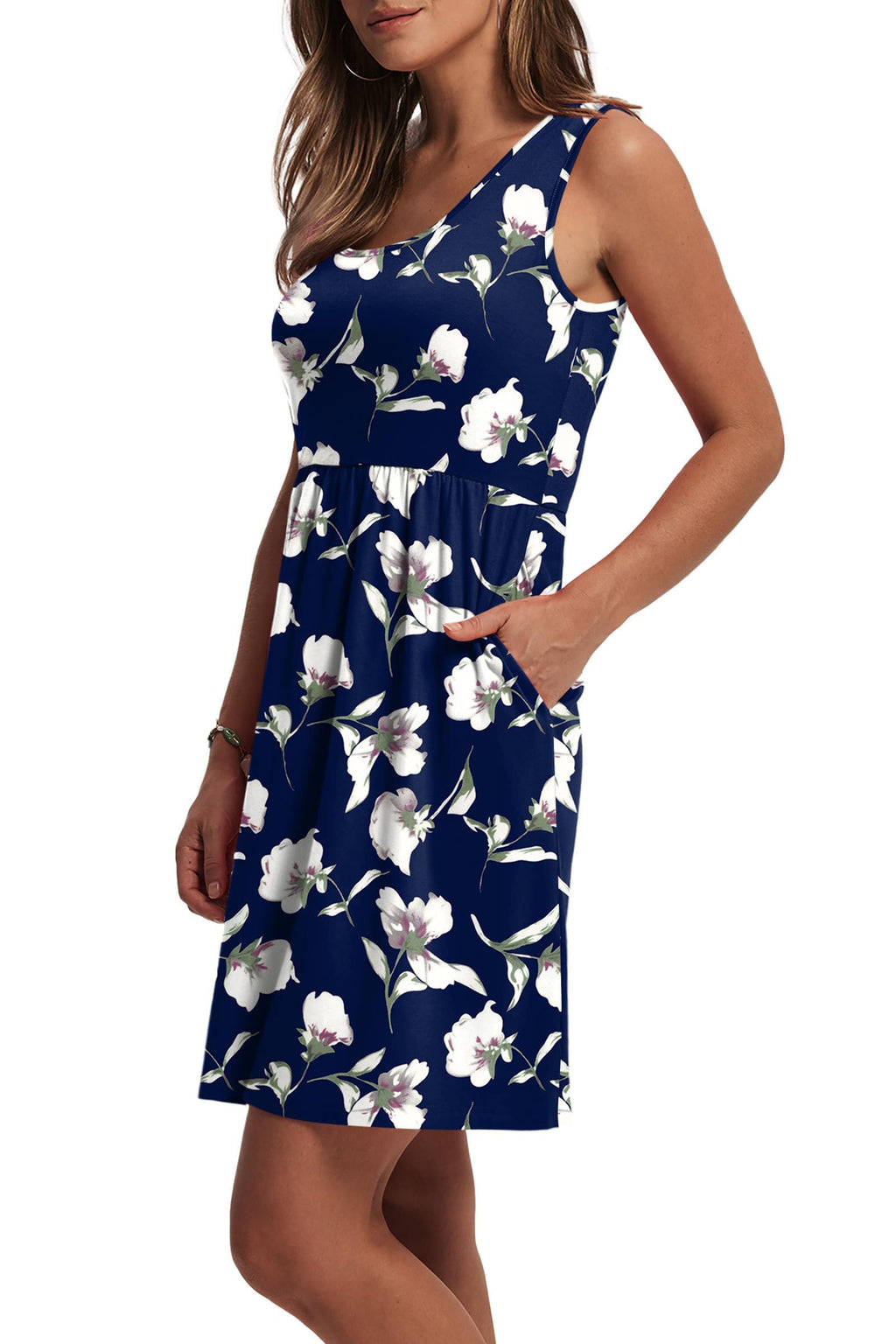 WIHOLL Womens Summer Dresses Beach Vacation Clothes Spring Dresses for Women Flowy Midi Boho Casual Wedding Guest Dress Sundresses 2026 Navy Print L