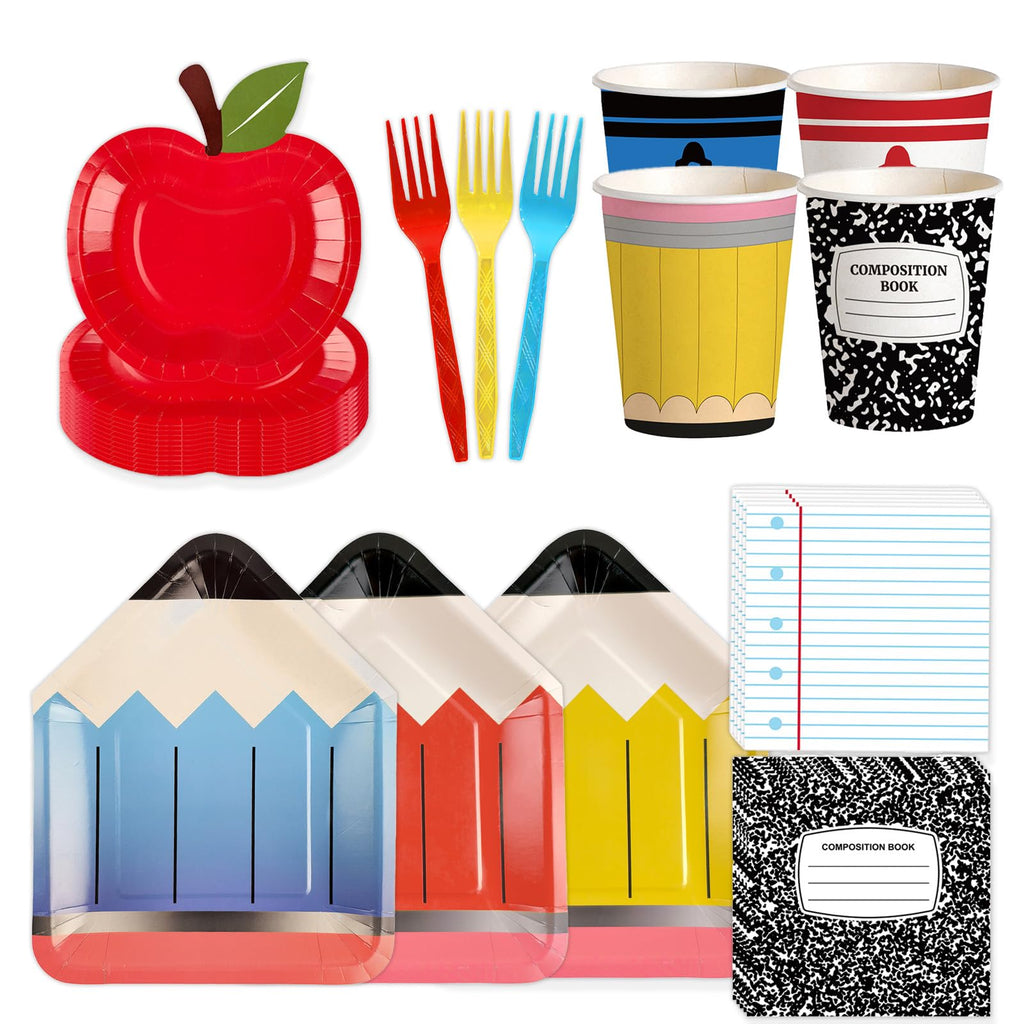 120 PCS Back to School Party Supplies, School Paper Plates and Napkins Set for 24 Guests, Pencil Shaped Plates, Composition Book & Notebook Napkins, 9 oz Cups, Forks, Classroom First Day of School