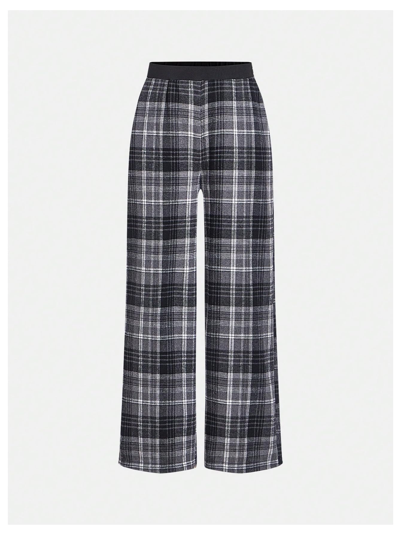 WDIRARA Girl's Plaid Elastic Waist Pants Wide Leg Long Baggy Pants with Pockets Dark Grey 9Y