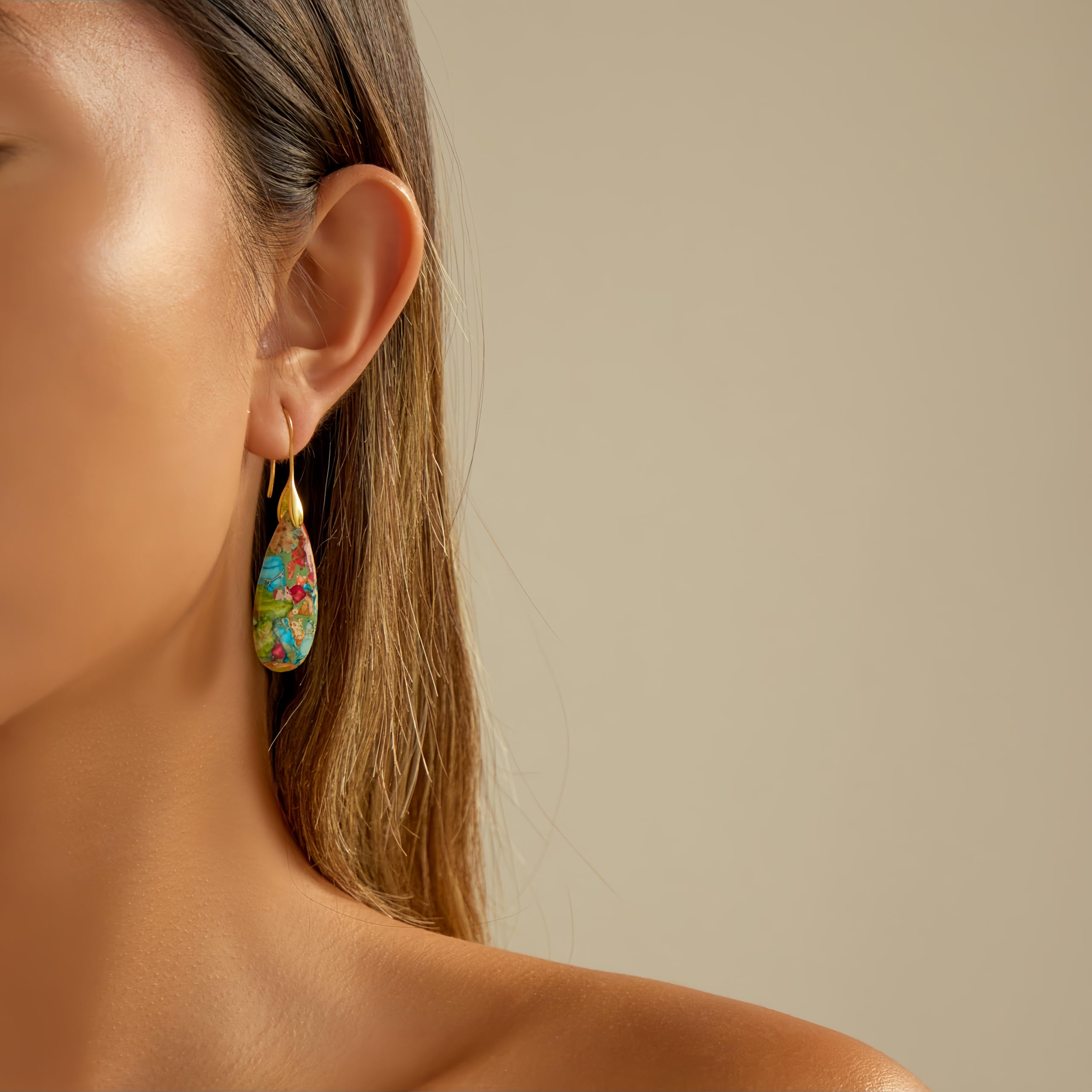 Sriomu Natural Healing Stone Fishhoop Dangle Drop Earrings Statement Gold silver earrings