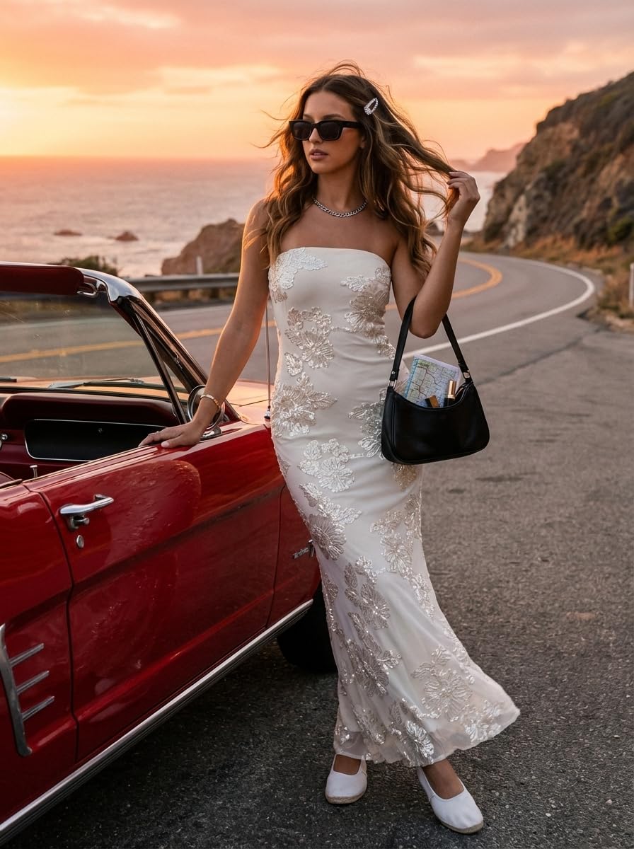 MEROKEETY Women's Floral Strapless Maxi Dress 2026 Summer Mesh Tube Bodycon Formal Wedding Guest Cocktail Party Long Dresses, White, Medium