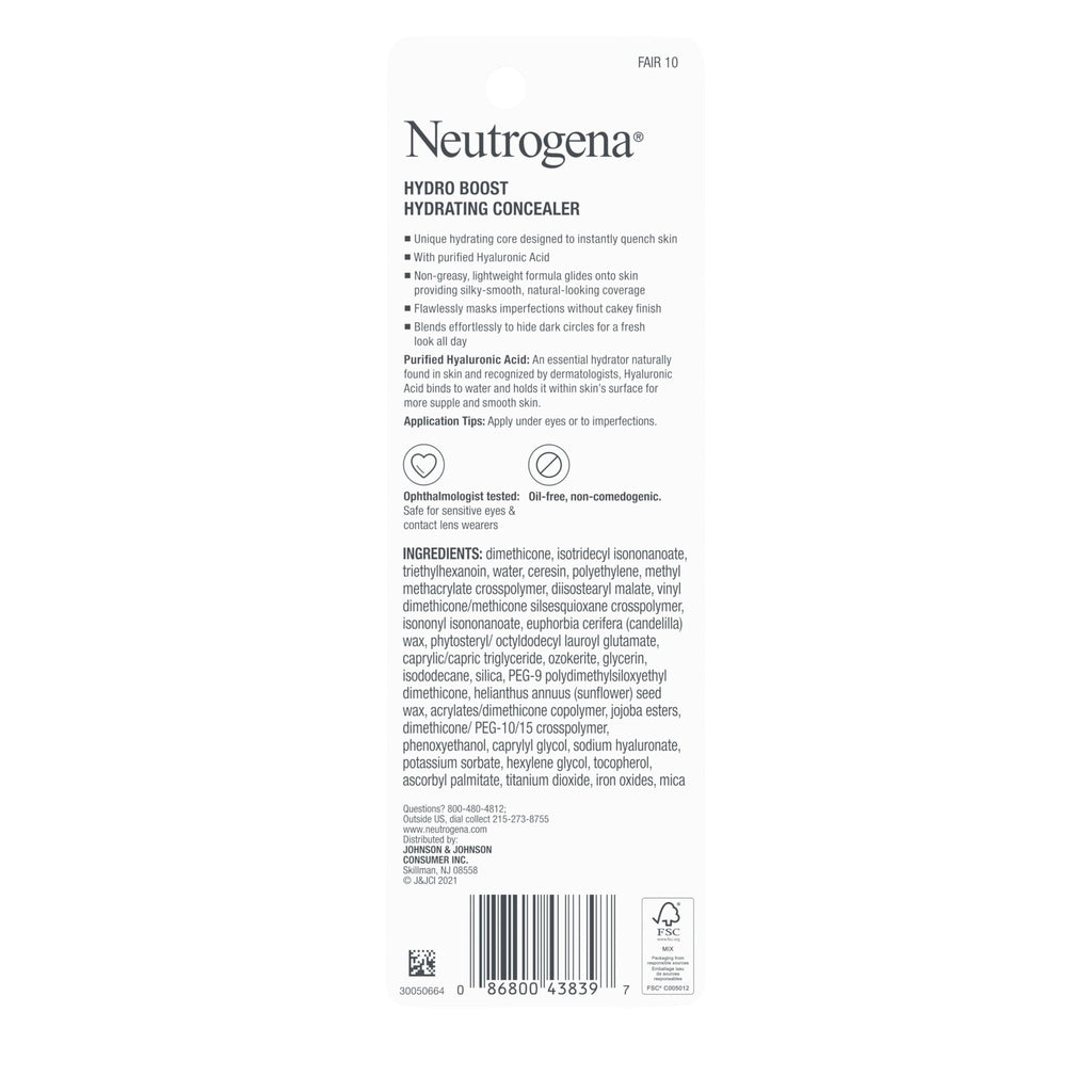 Neutrogena Hydro Boost Hydrating Concealer Stick, Oil-Free, Lightweight Cover-Up Makeup with Hyaluronic Acid Refreshes Dry Skin & Provides Buildable Coverage, 10 Fair, 0.12 Oz