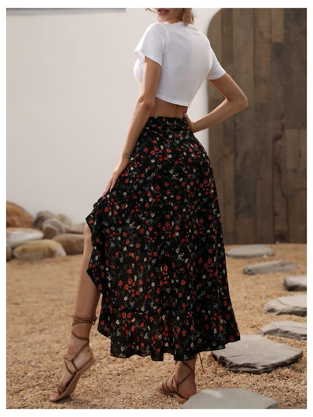 WDIRARA Women's Boho Floral Print Ruffle Maxi Skirt High Waisted Split Long Skirts Multicolor X-Large
