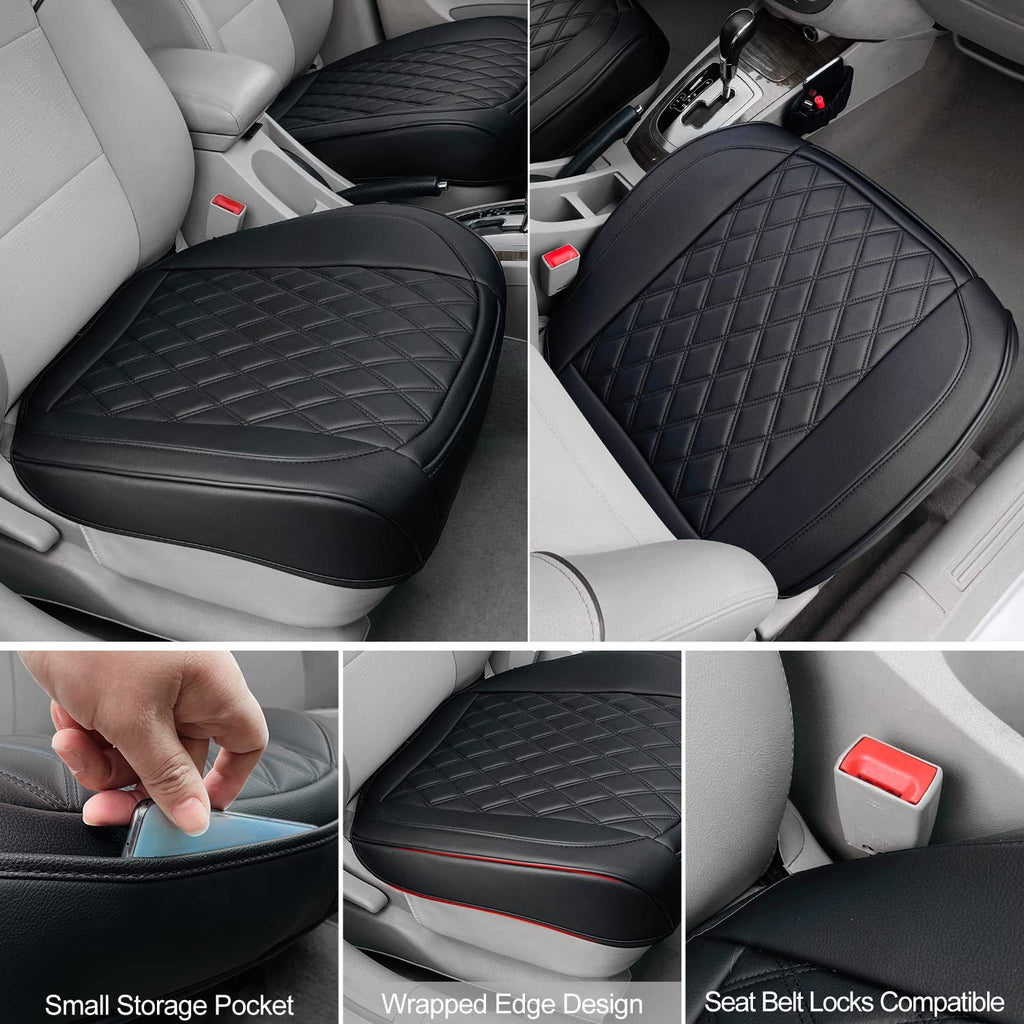 BEITK 2 Pack Leather Front Car Seat Cover, Anti-Slip and Full Wrap Driver Car Seat Protectors with Storage Pocket, Luxury Waterproof Bottom Auto Seat Cushion Pad Mat for Most Vehicles(Black)