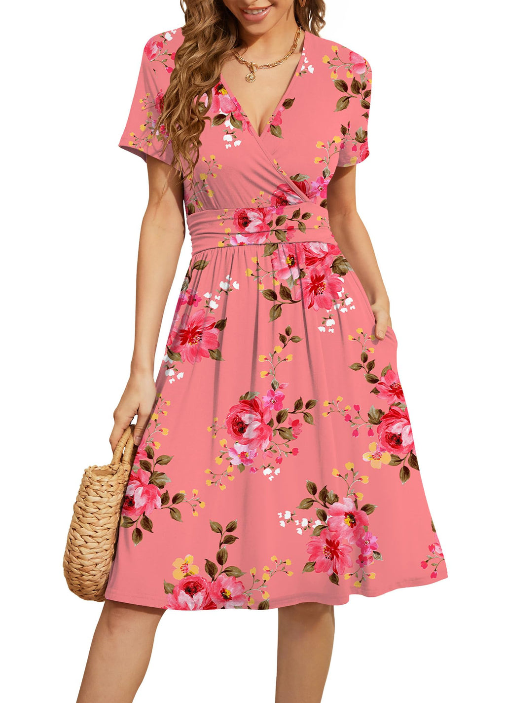 WEACZZY Womens Summer Short Dress Midi Dress Empire Waist Dresses for Women Flowy Dress Floral Sundress with Pockets,Floral Pink,M