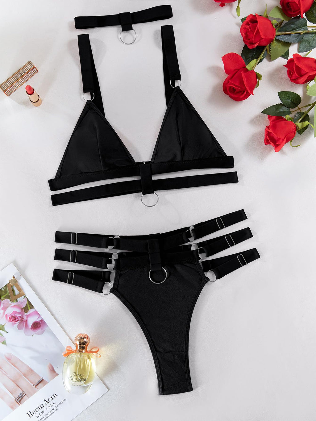 Lilosy Petite Sexy Wireless Choker O Ring Linked Strappy Harness Lingerie Set Outfits 3 Piece Women Matching Bra Panty Underwear Black 3X-Small