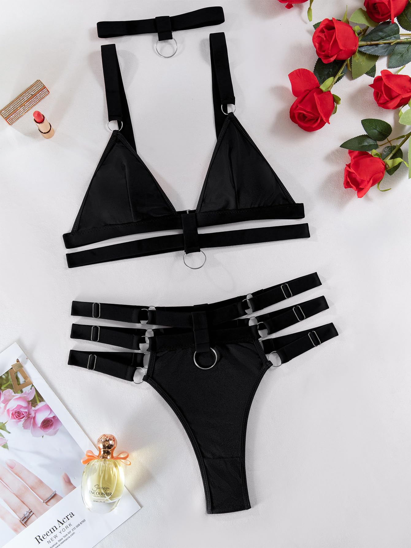 Lilosy Petite Sexy Wireless Choker O Ring Linked Strappy Harness Lingerie Set Outfits 3 Piece Women Matching Bra Panty Underwear Black 3X-Small