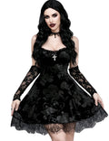 InGoticos Women Gothic Sexy Mini Lace Patchwork Cross Velvet Slip Goth Dress Without Choker for Halloween Black