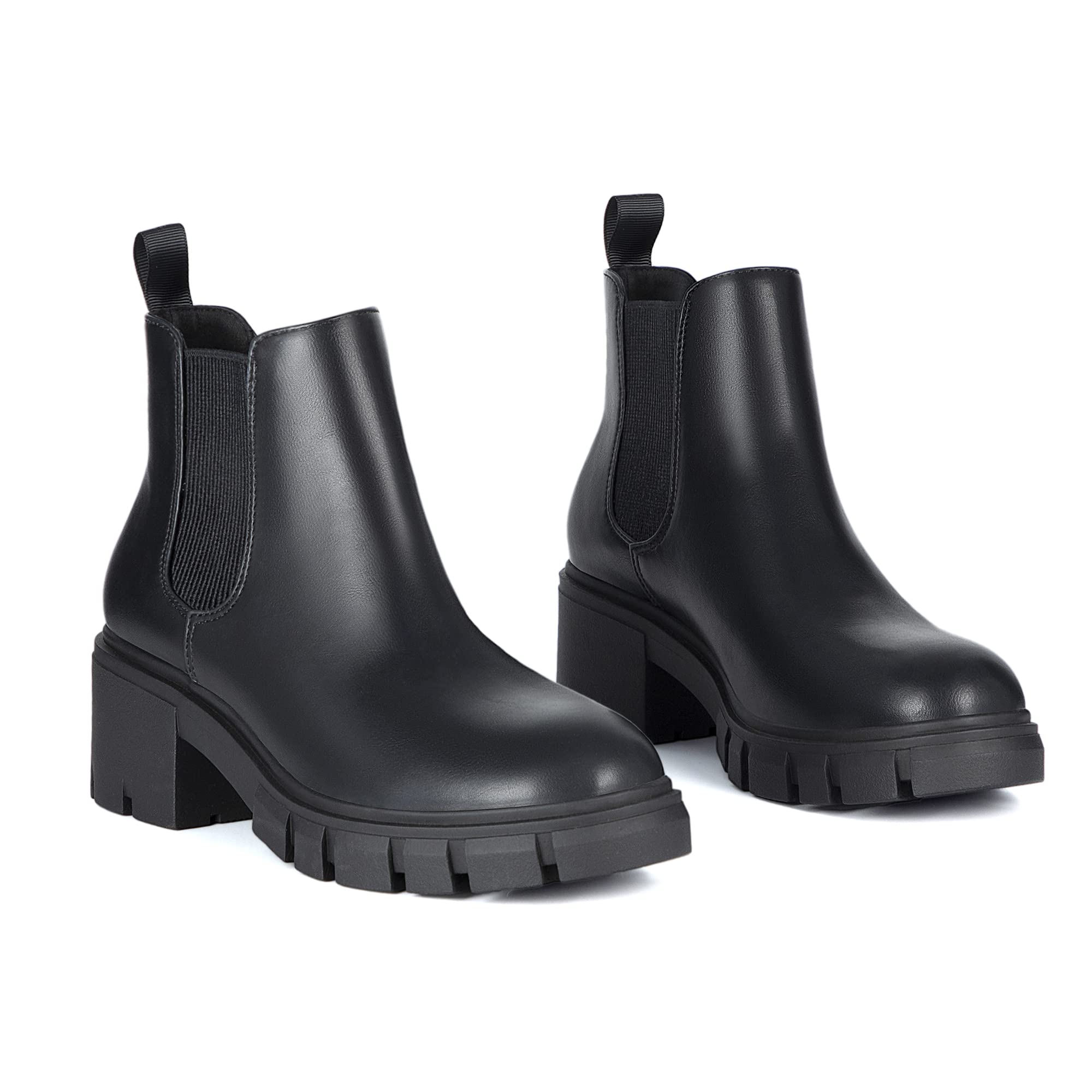 Athlefit Women's Chelsea Boots Fashion Lug Sole Chunky Heel Slip on Elastic Ankle Black Booties Size 8