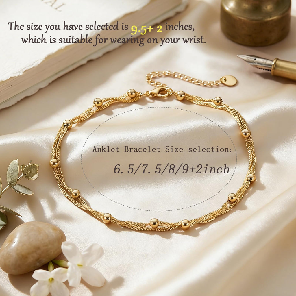Midari 18K Yellow Gold Plating Bracelet for Women Double-Layer Twisted Cuban Link Layered Anklet Bracelet Adjustable Size 9.5"+2''