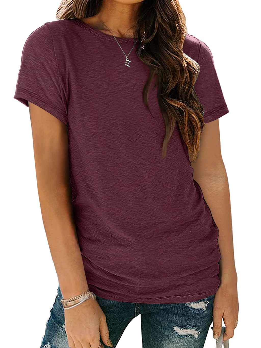 AUTOMET Women's Soft Basic Short Sleeve T-Shirt, Round Neck Top Casual Tee for Spring Summer Beach Vacation Wear 02winered L