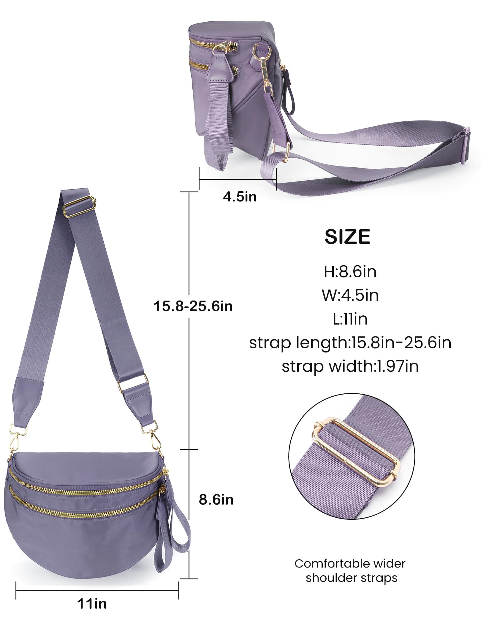 FEIBOON Spacious Nylon Crossbody Bag Bum Bag Handbags Wallets Purses Trendy Shoulder Bag for Women (Cloudy purple)