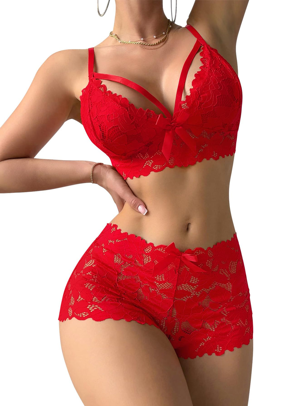 Lilosy Petite Sexy Strappy Harness Women Floral Lace Pajamas Lingerie Set High Waist Sheer Sleepwear See Through Nightwear Bow Ties Cami Shorts Bra and Panty 2 Piece Bright Red 3X-Small