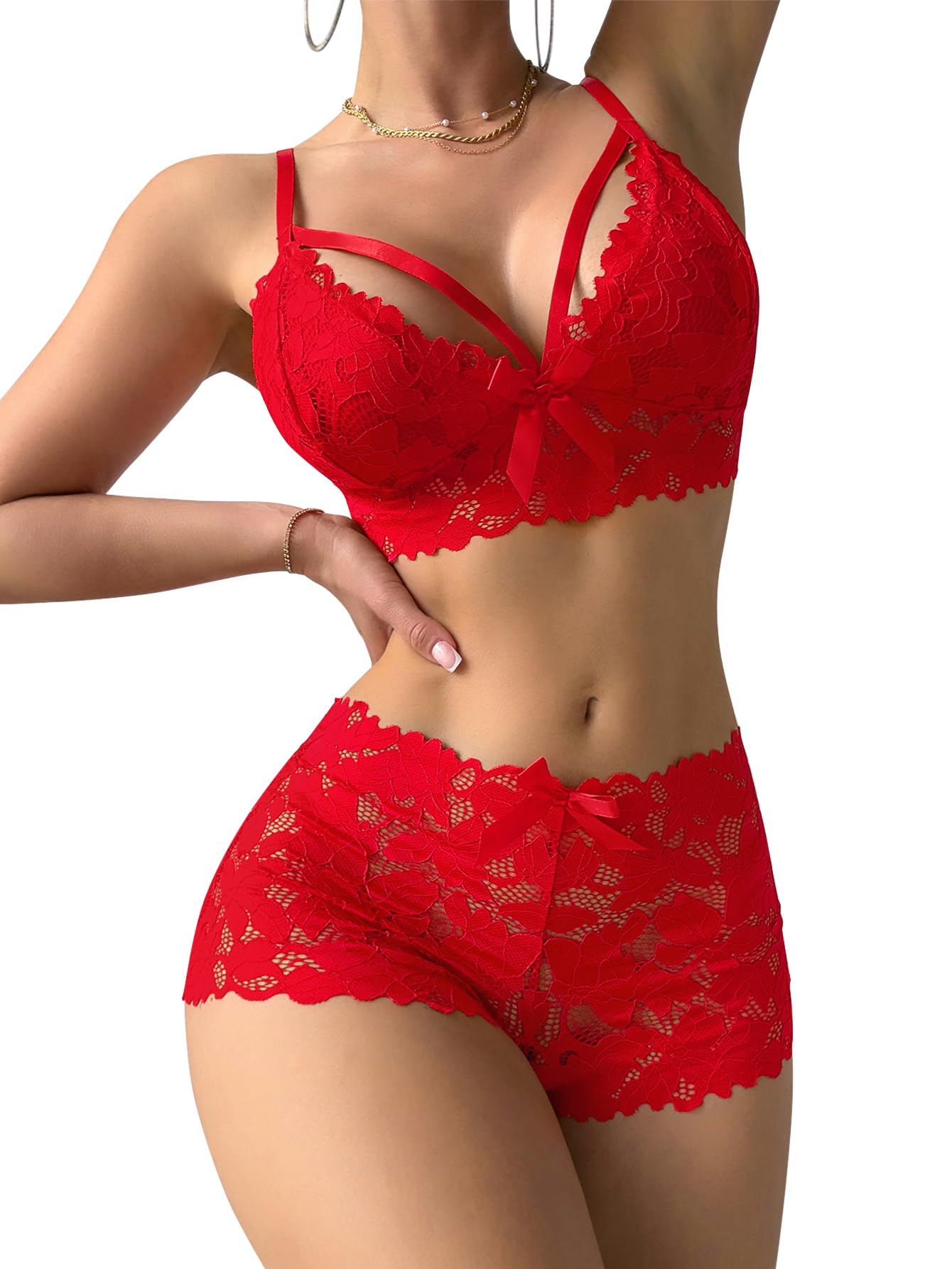 Lilosy Petite Sexy Strappy Harness Women Floral Lace Pajamas Lingerie Set High Waist Sheer Sleepwear See Through Nightwear Bow Ties Cami Shorts Bra and Panty 2 Piece Bright Red 3X-Small