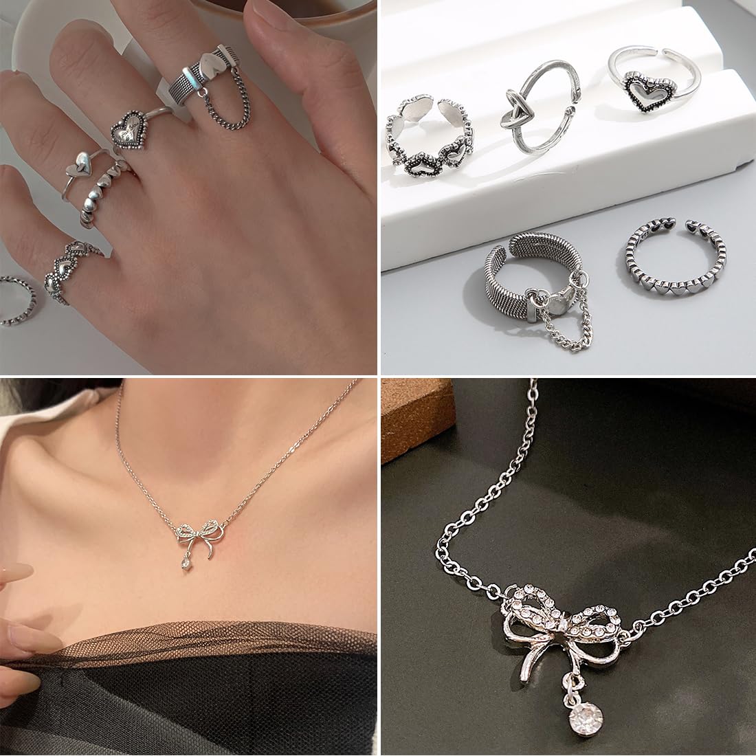 IFNODO 47pcs Silver Jewelry Set With 3 PCS Necklace, 11 PCS Bracelet,20pcs Hoop Stud Earrings,7pcs rings set For Women For Birthday Gifts