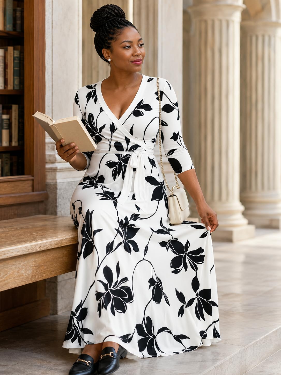 PinkPatty Plus Size Maxi Dresses for Women Casual Flowy Long Dress 3/4 Sleeve V Neck Wrap Dress with Belt(Black White 2XL)