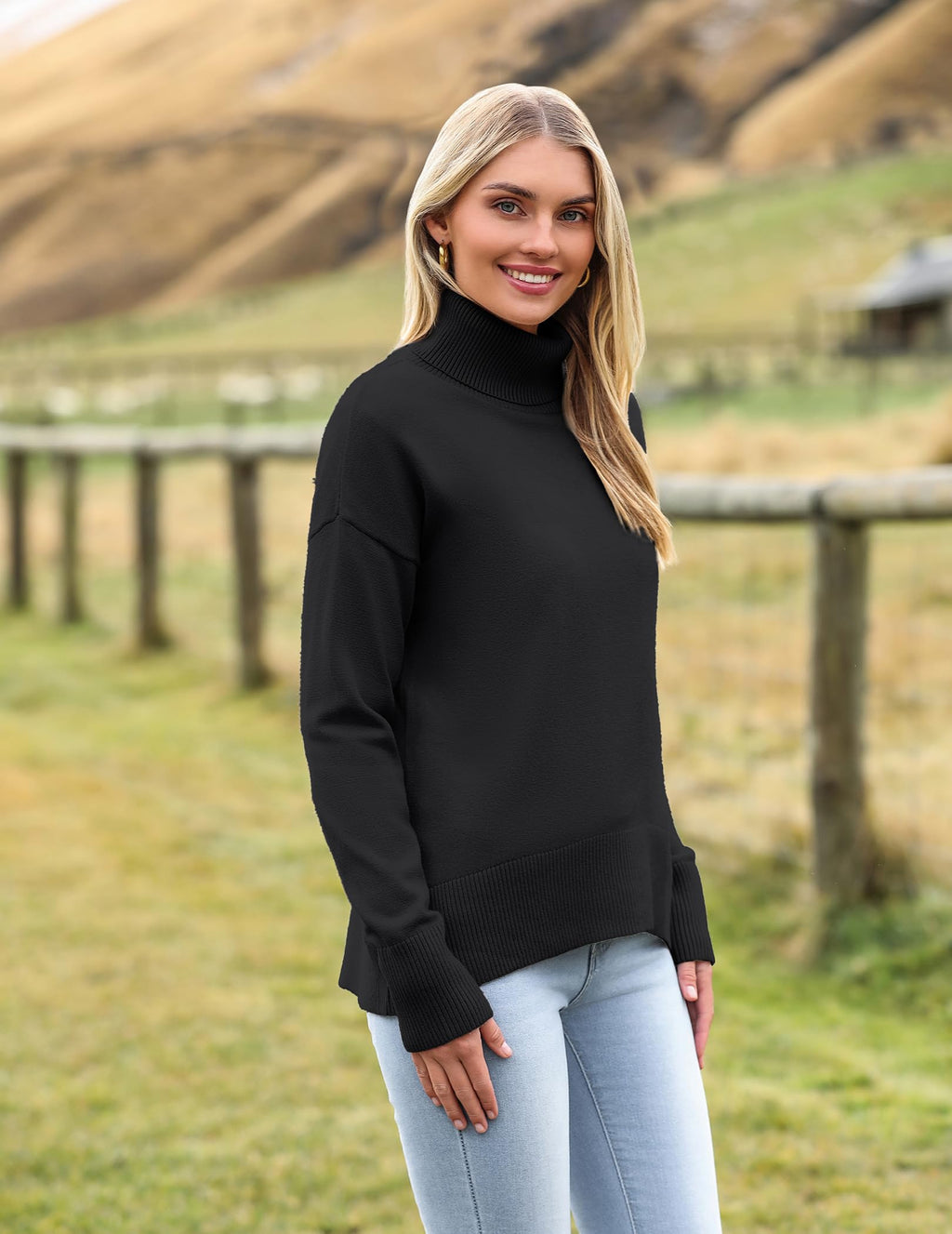 Zeagoo Women's Turtleneck Sweater 2025 Fall Winter Chunky Knitted Pullover High Low Hem Trendy Basic Jumper Top Black