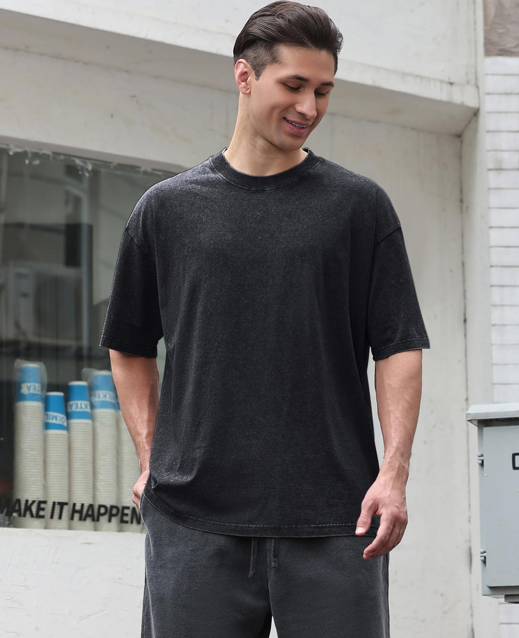 KEEPSHOWING Men's Cotton T-Shirts Oversized Unisex Short Sleeves Casual Loose Wash Solid Basic Tee Tops(A-Black XL)