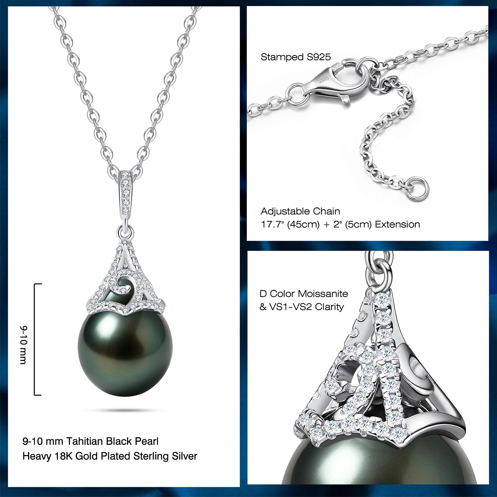 Natural Tahitian Black Pearl Necklace - Christmas Gift for Wife Mom Daughter Sister Women, Jewelry Gifts for Wedding Anniversary Birthday, 9-10mm Seawater Pearl Sterling Silver Moissanite Pendant