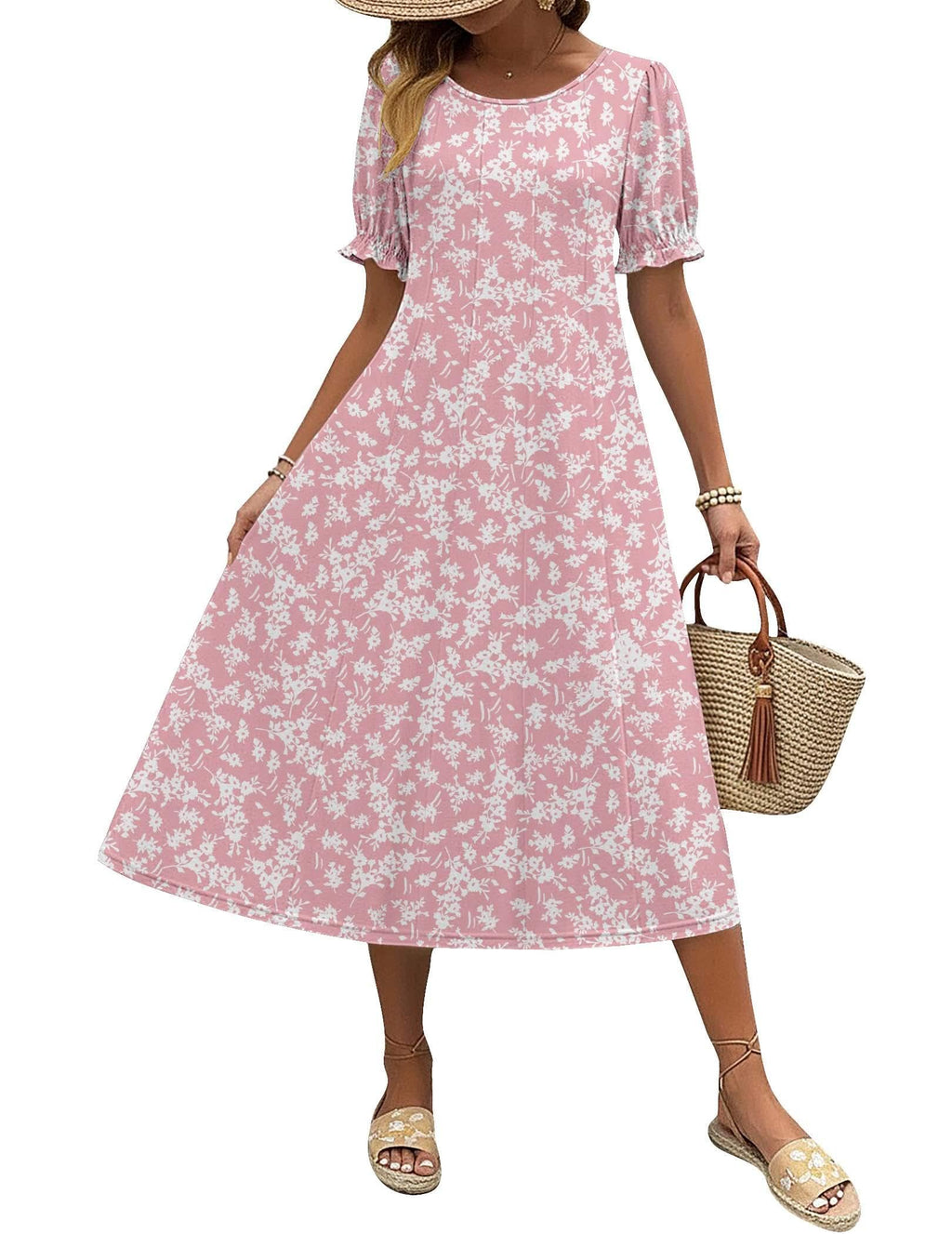 Zeagoo Womens Spring Midi Dress with Pockets Pink Floral Dresses Short Sleeve Casual Dress 2026 Long Sundress, Pink Floral,M
