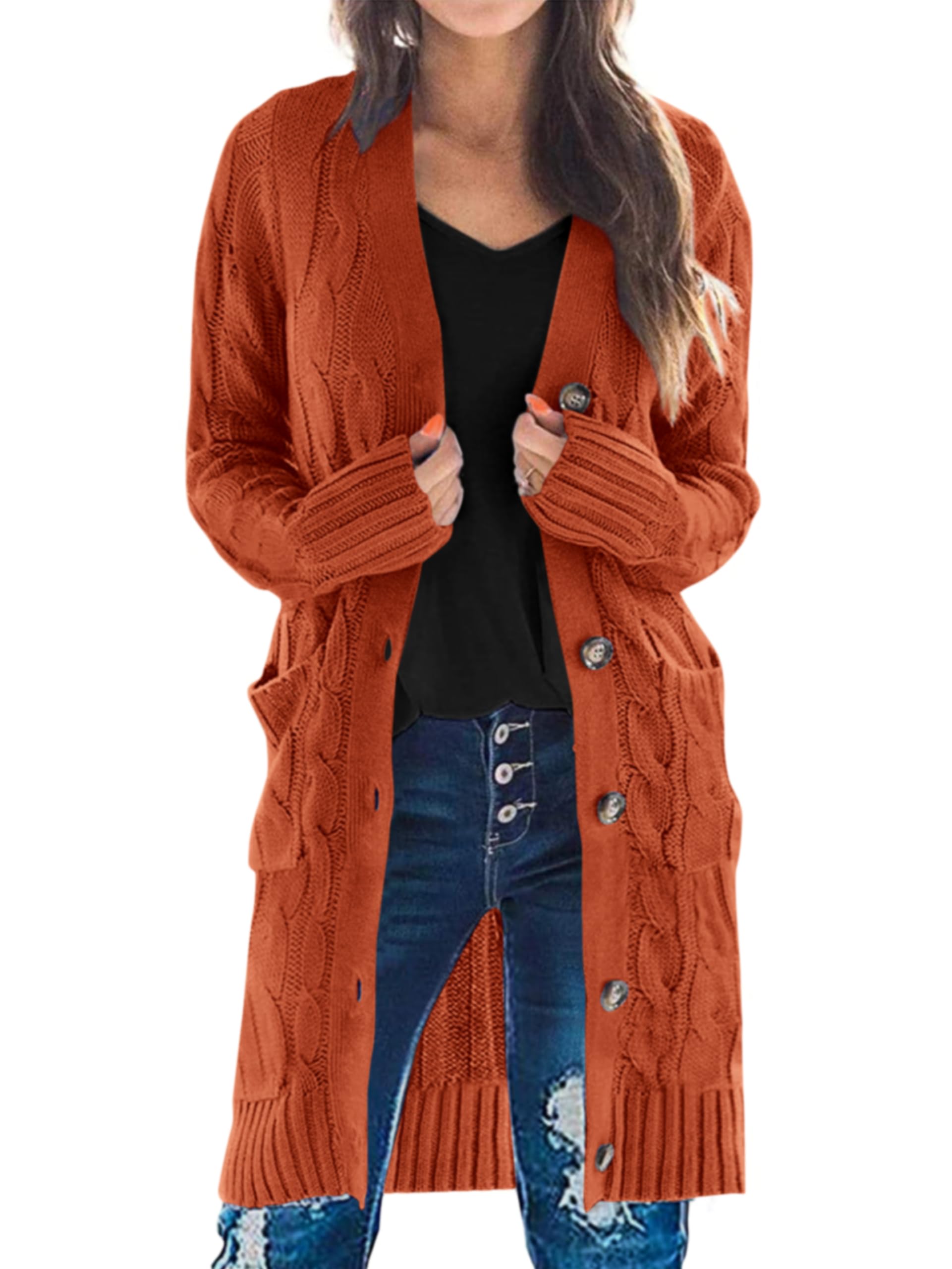 PRETTYGARDEN Long Sleeve Cable Knit Long Cardigan for Women 2026 Spring Winter Chunky Open Front Button Sweaters with Pockets(Caramel,Small)