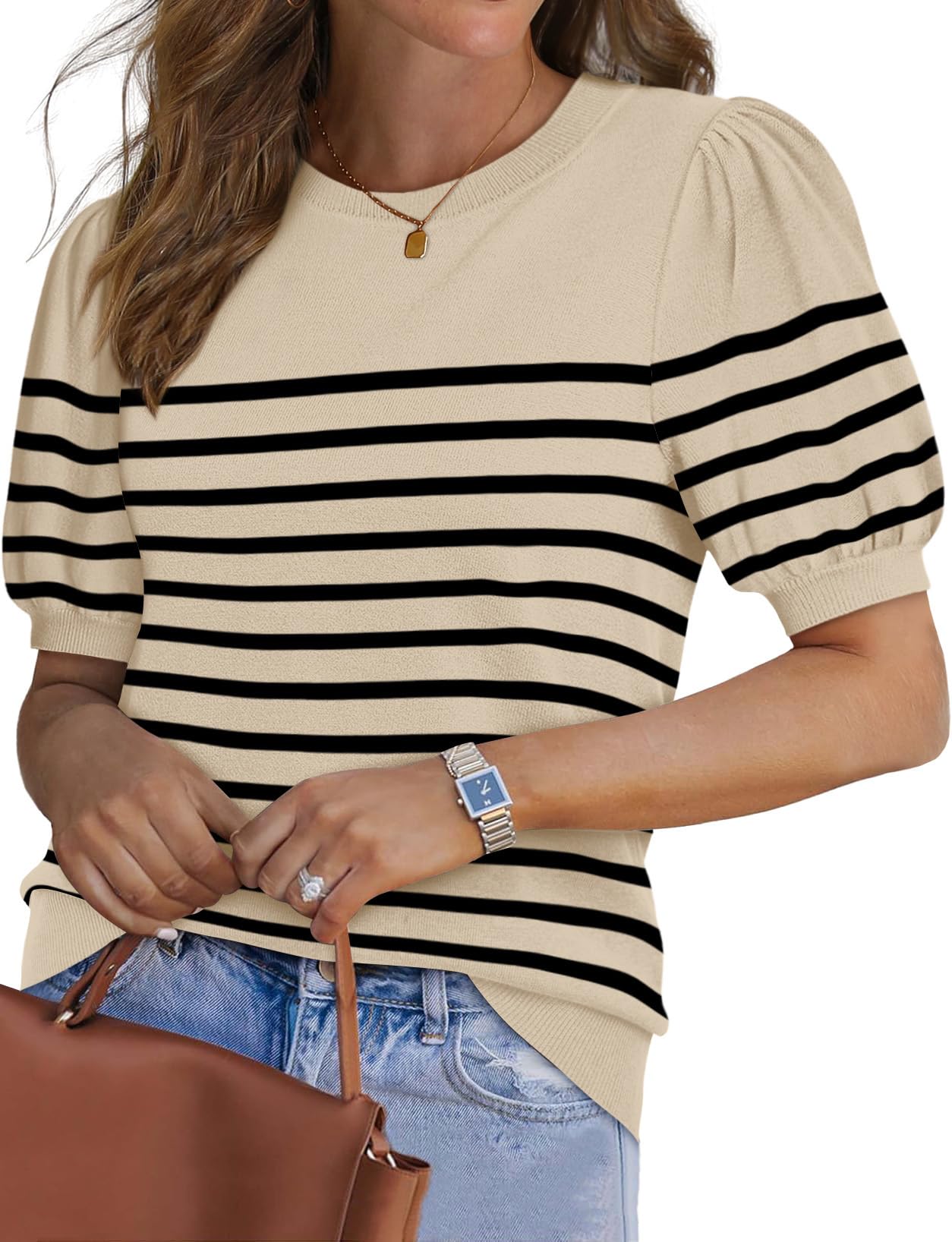WIHOLL Womens Summer Tops Trendy Puff Short Sleeve Shirts Lightweight Knitted Blouses Spring Summer Business Casual Outfits Womens Clothes Dressy Casual Tshirts 2026 Sweaters Black Striped Shirts L