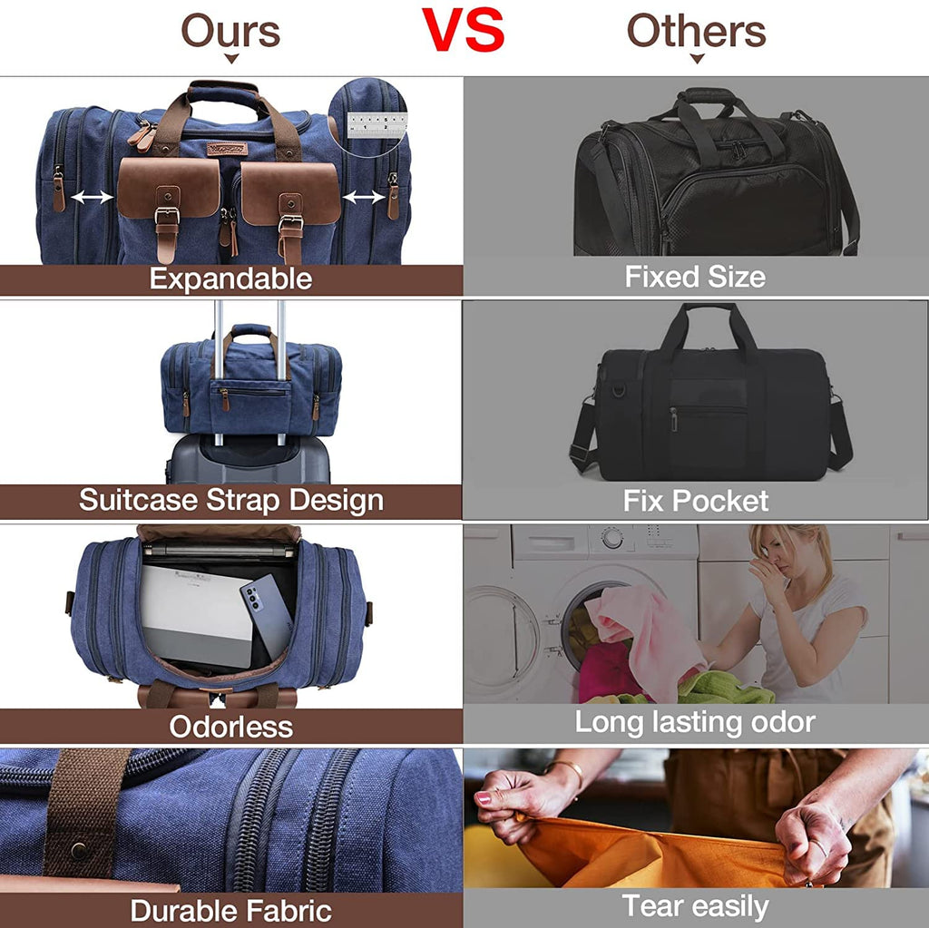 Wildroad 50L Travel Duffel Bag, Expandable Canvas Genuine Leather Duffle Bag Upgraded Overnight Weekender Carry on Bag