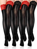 Bencailor 4 Pairs 3/4/6 Pairs Shiny Thigh High Stockings Silicone Lace Top Stay up Hosiery Silky Semi Sheer Tights for Women (Black,Black and Red,Medium)
