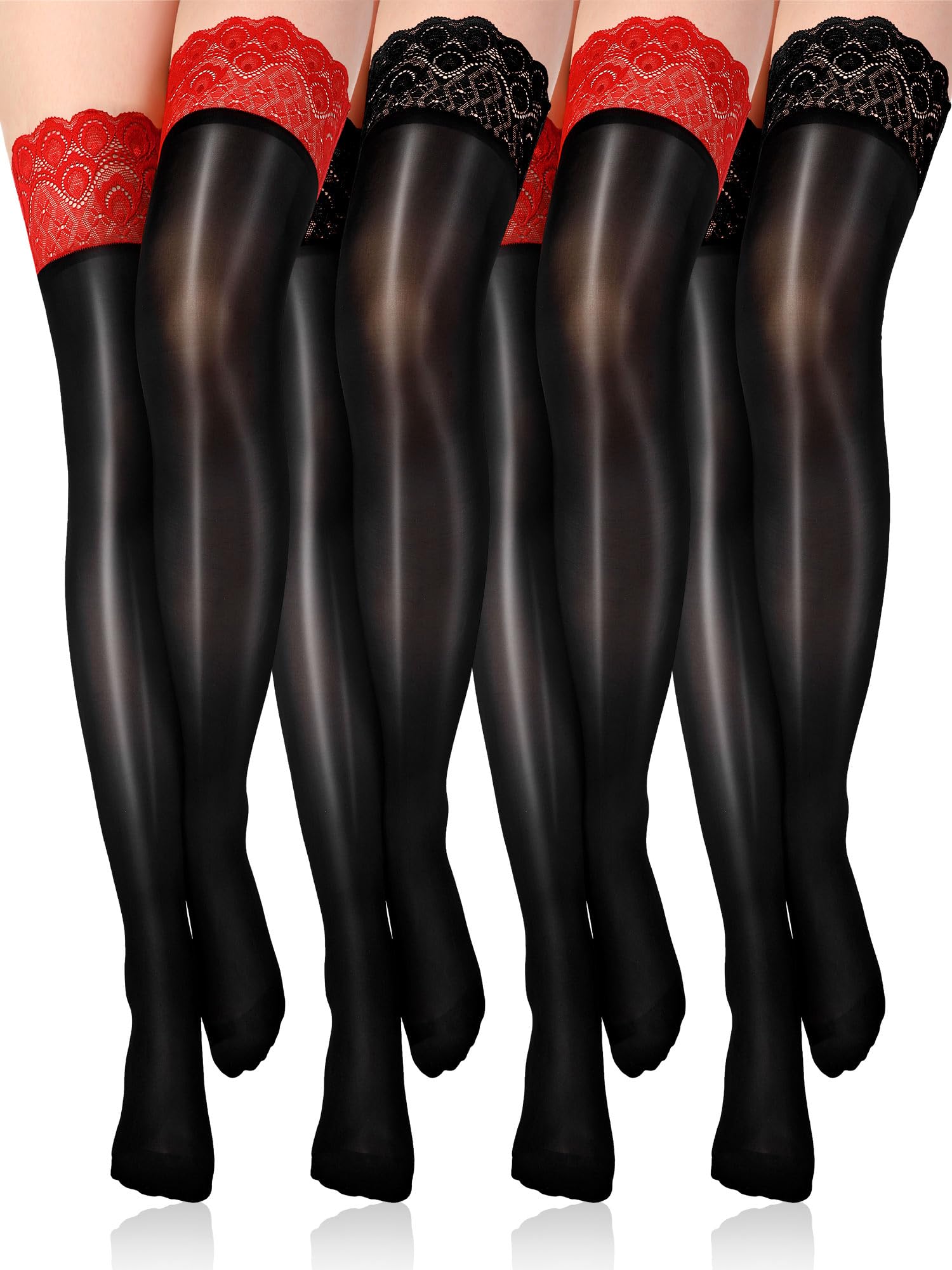 Bencailor 4 Pairs 3/4/6 Pairs Shiny Thigh High Stockings Silicone Lace Top Stay up Hosiery Silky Semi Sheer Tights for Women (Black,Black and Red,Medium)