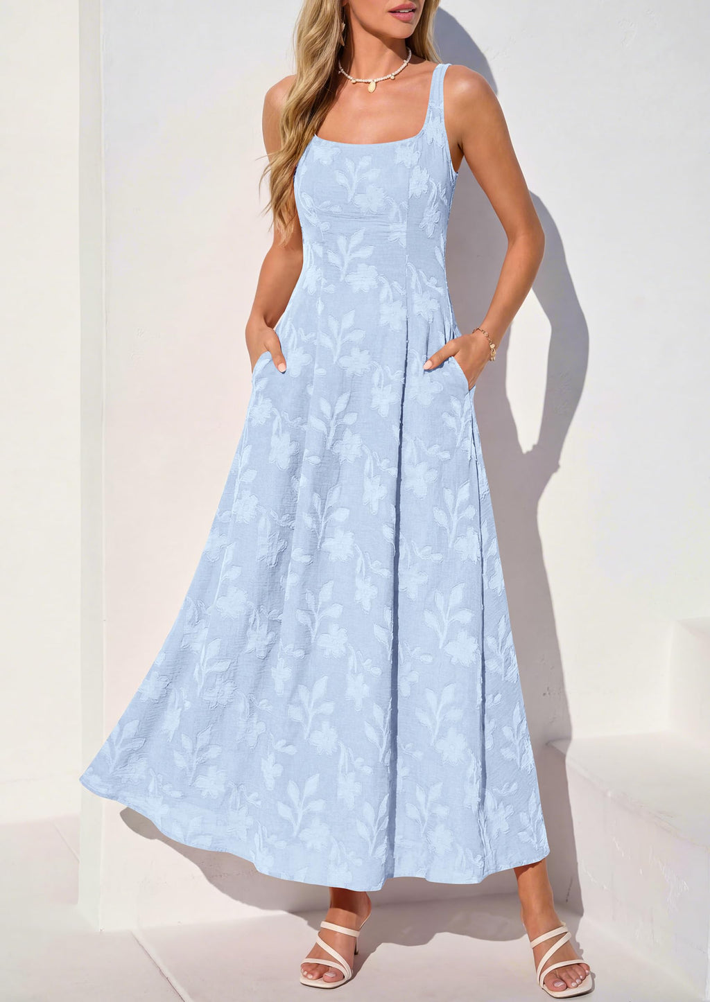 PRETTYGARDEN Womens Summer Maxi Dresses 2026 Casual Sleeveless Square Neck Formal Wedding Guest Beach Vacation Boho Dress (Light Blue,S)