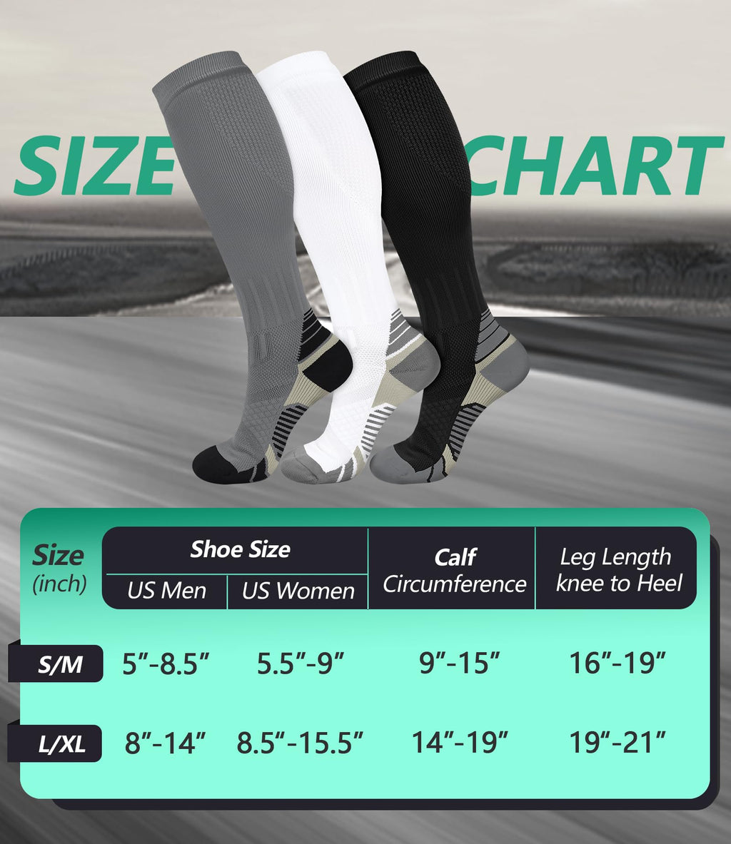 FuelMeFoot 3 Pack Compression Socks For Women Men Knee High Socks 15-20mmHg workout socks runner tall pregnant 9-12 presents graduation clothes