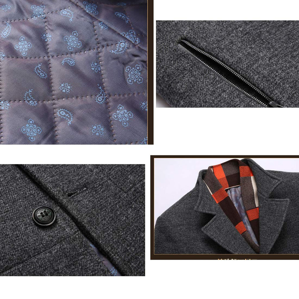 INVACHI Men's Wool Blend Trench Coat Notched Collar Single Breasted Overcoat with Detachable Plaid Scarf