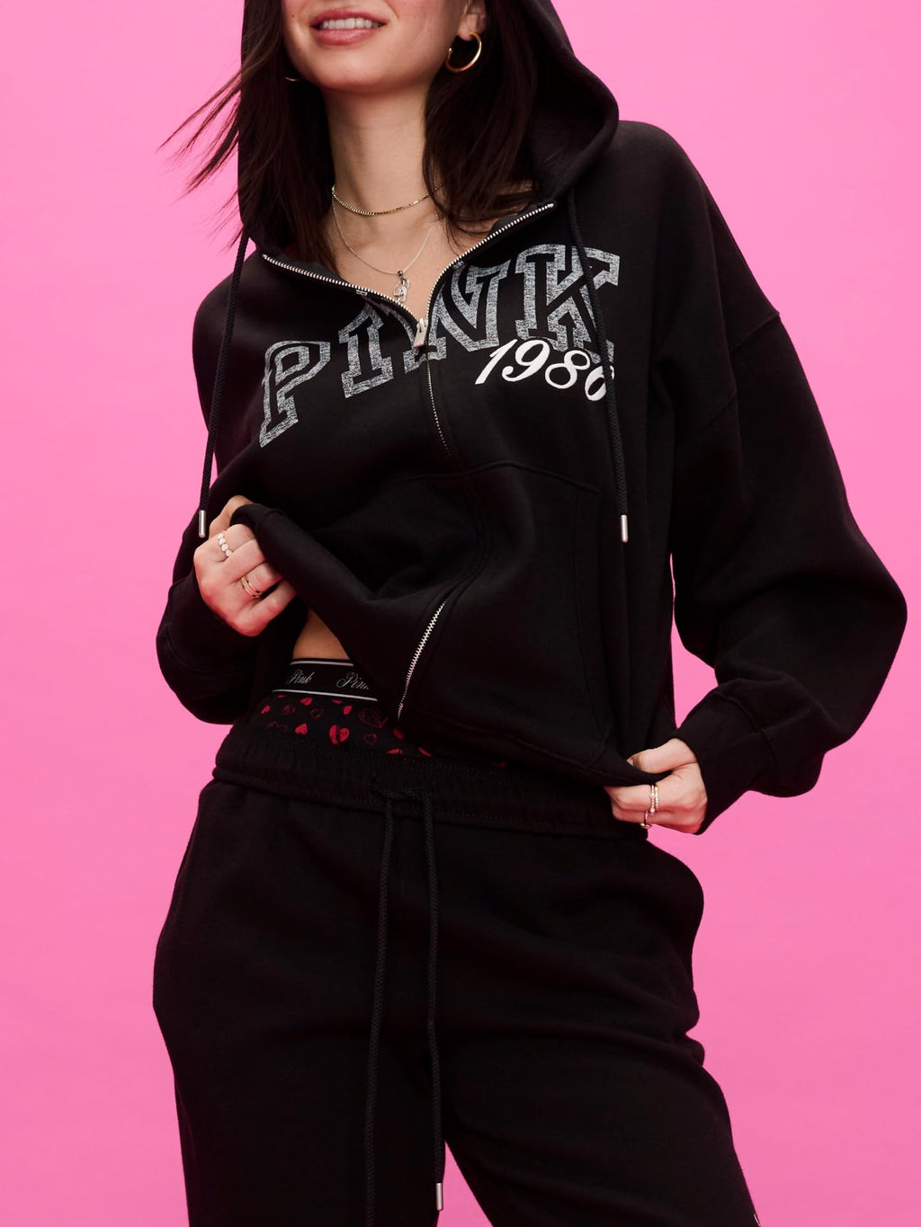 Victoria's Secret PINK Women's Campus Fleece Full-Zip Hoodie Sweatshirt, Pure Black, (M)