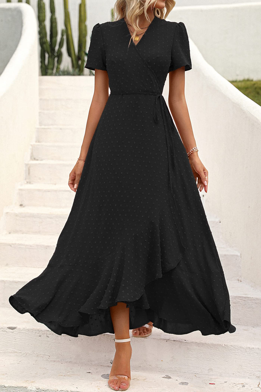 PRETTYGARDEN Women's Summer Wrap Maxi Dress Casual Boho Floral V Neck Short Sleeve Ruffle Hem Split Beach Long Dresses (Z_Black,Medium)