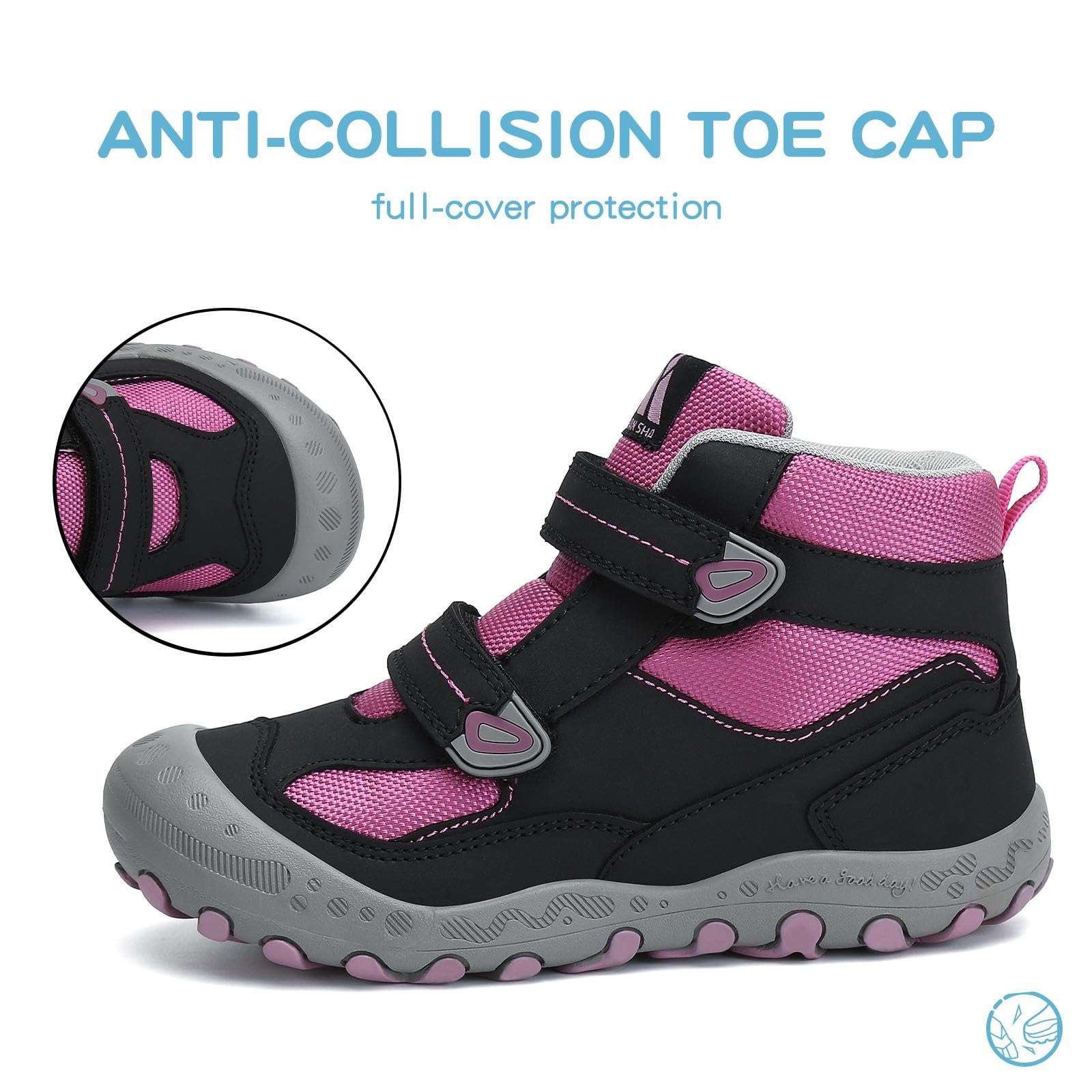 Mishansha Kids Hiking Boots for Little Boys Climbing Shoes Girls Boys Sneaker Hook and Loop Fastener Hiking Boots Outdoor Anti-Slip Boots Black/Rose/Gray 12 little_kid
