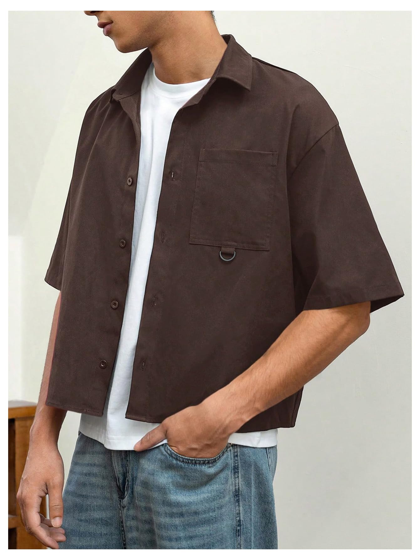 GORGLITTER Men's Cropped Shirt Button Bown Short Sleeve Casual Collar Neck Summer Shirts Crop Top Coffee Brown Small