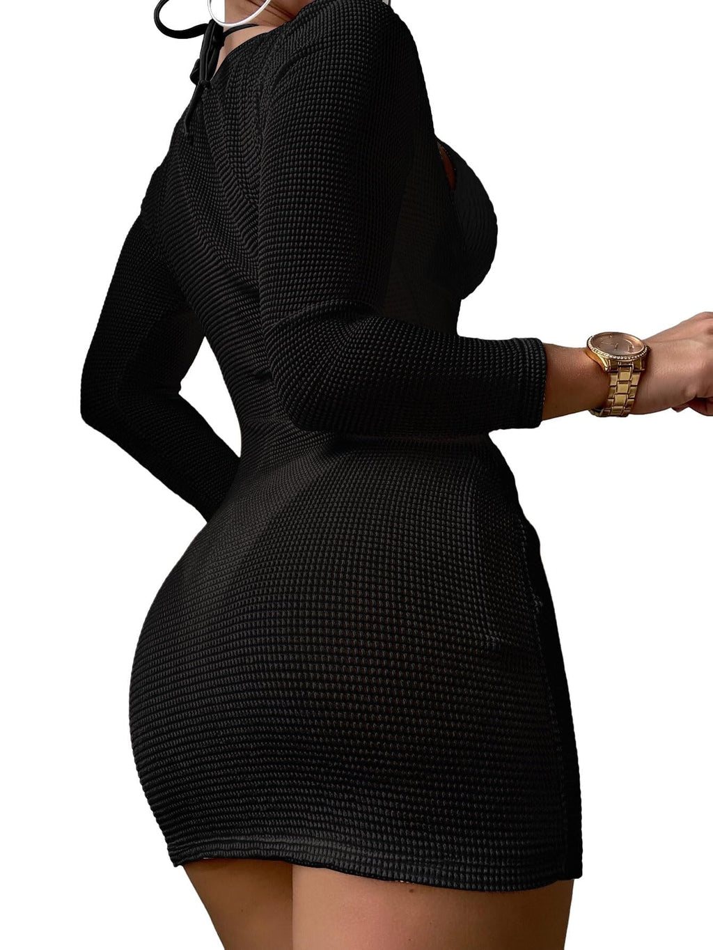 Lilosy Sexy Crochet Sheer Long Sleeve Cover Up Swim Bathing Suit Beach Dress One Piece See Through Women Swimwear Solid Black Medium