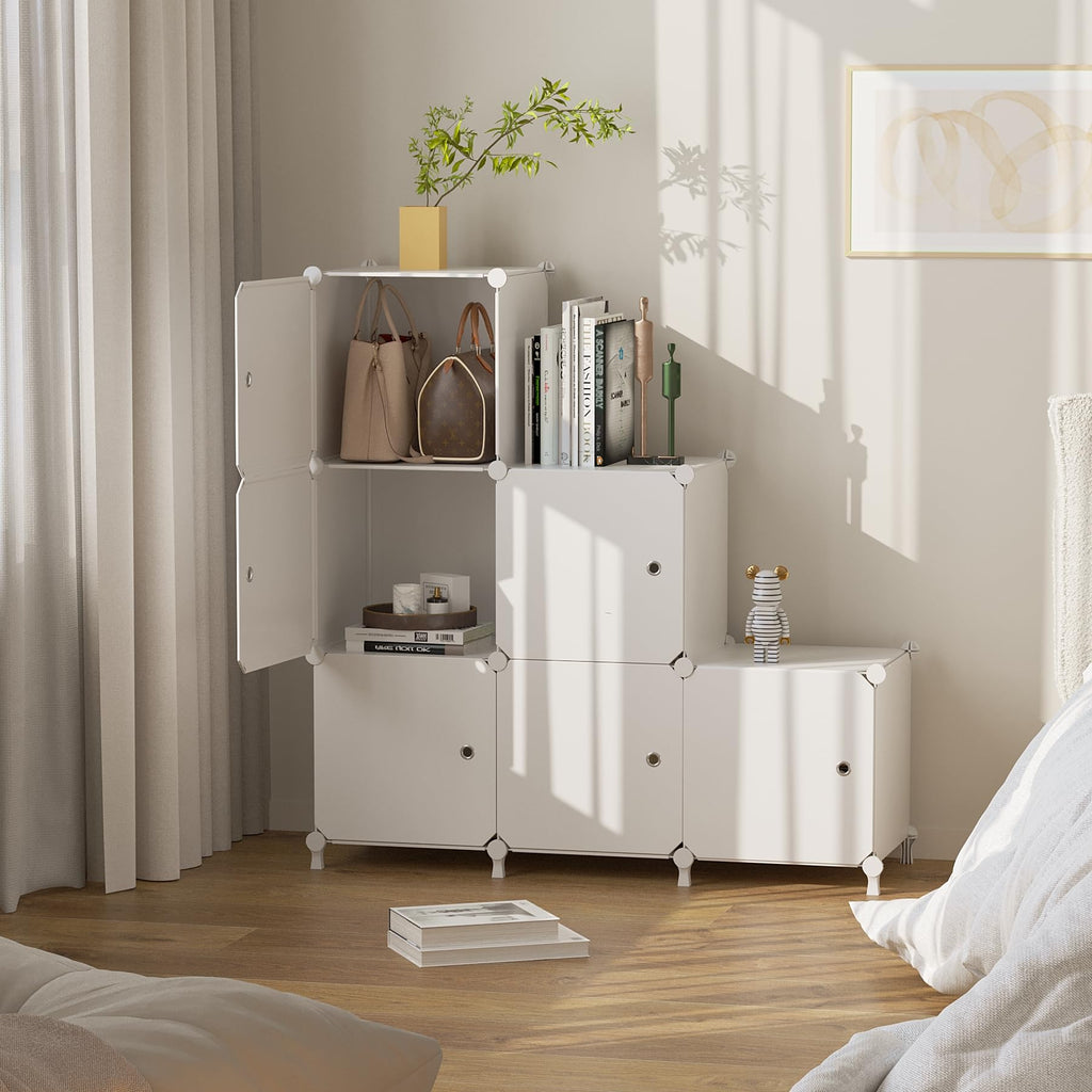ATTDETJL Cube Storage Organizer, 6-Cube Shelves Unit with Doors, DIY Stackable Plastic Clothes Organizer for Bedroom and Under Stairs Storage Unit, Each Compartment 30 x 30 x 30 cm White ATTSL6002