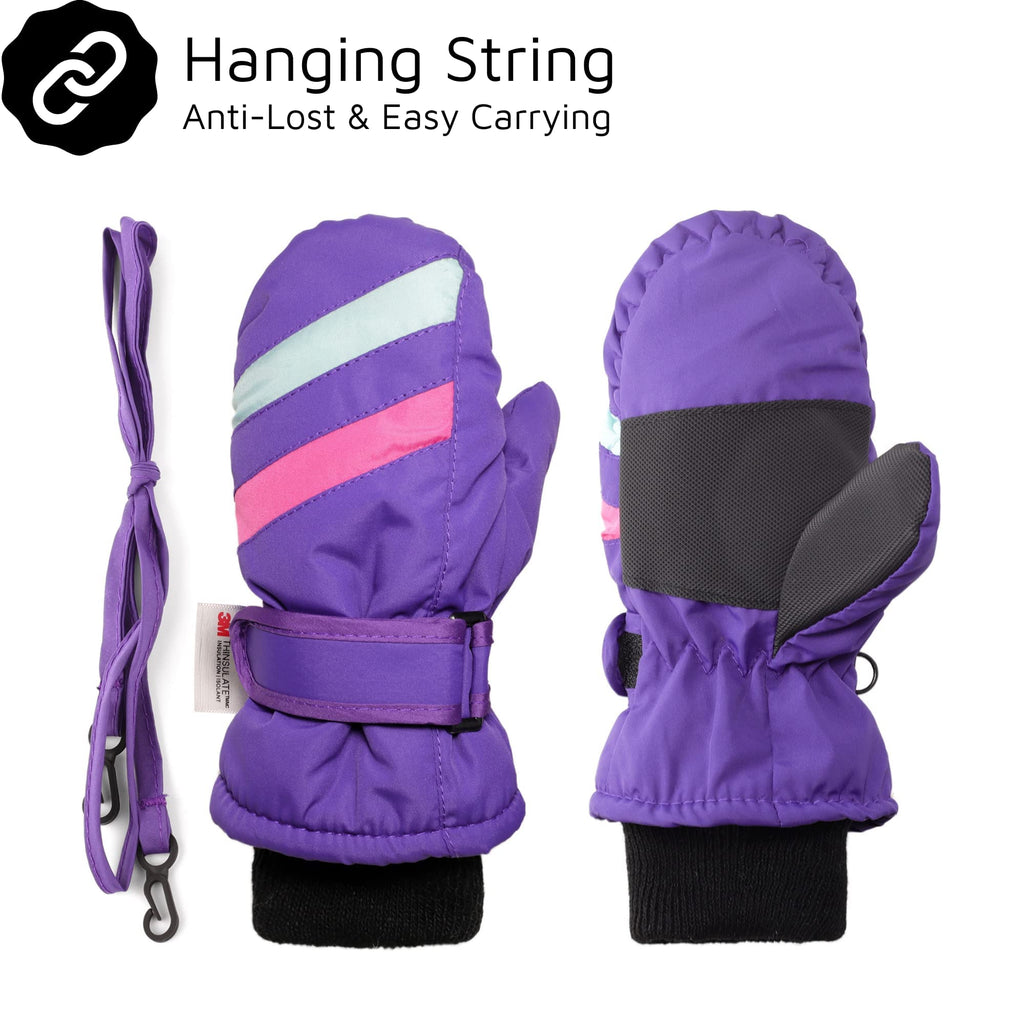Toddler Kids Snow Mittens with String Waterproof Ski Mittens Thinsulate Winter Gloves for Baby Girls Boys(Purple,2-4)
